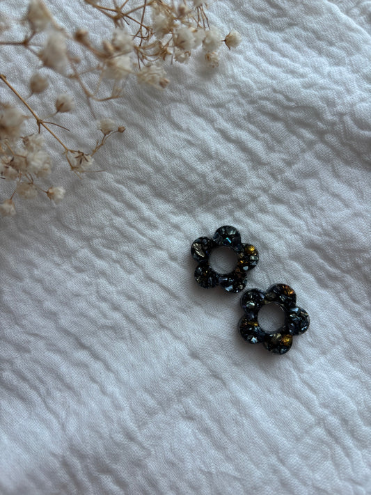 Pampilles pour créoles petites fleurs noires bleues dorés