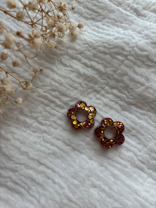 Pampilles pour créoles petites fleurs roses et dorés