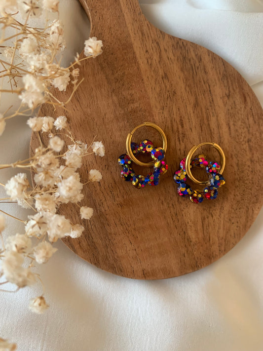 Créoles fleurs bleu rose doré